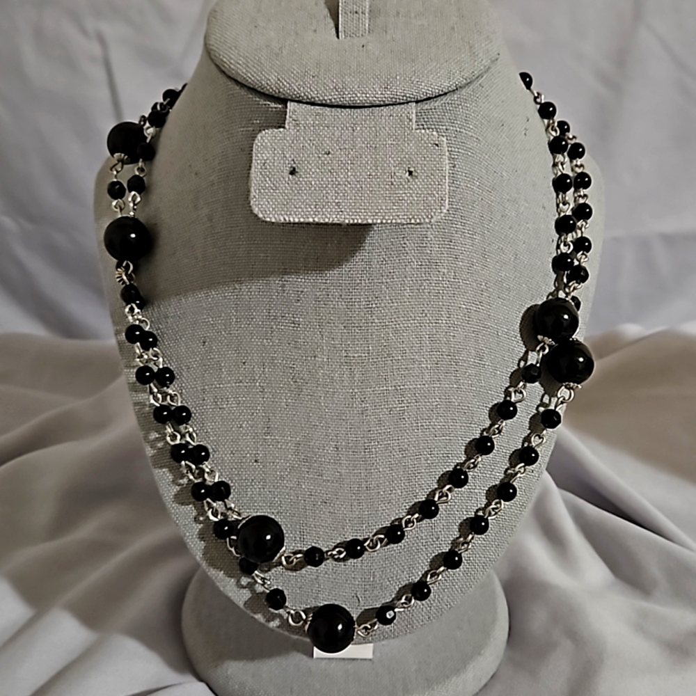 Vintage Black Acrylic Pearl Long Bead Necklace